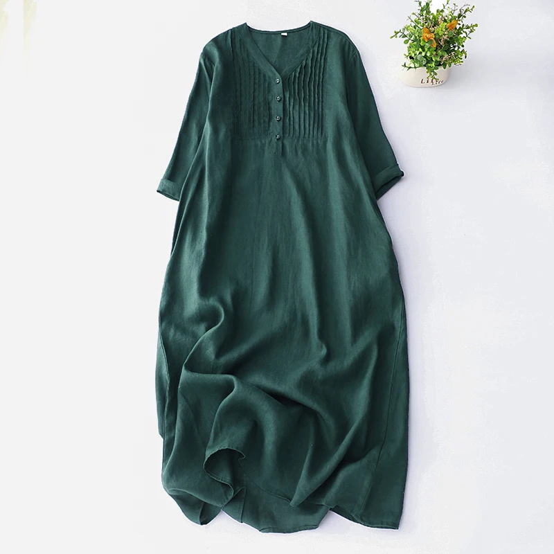 Summer New Cotton Linen Dr Loose Slimming Artistic Casual Travel Pleated Straight Long Dr Women's Midi Dr