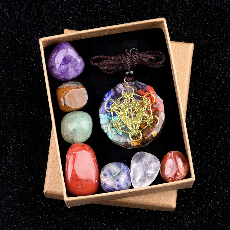 

7Chakra Tumble Stone Orgone Reiki Healing Crystals Metatron Cube Resin Pendant Spiritual Enhance Set Gift Box