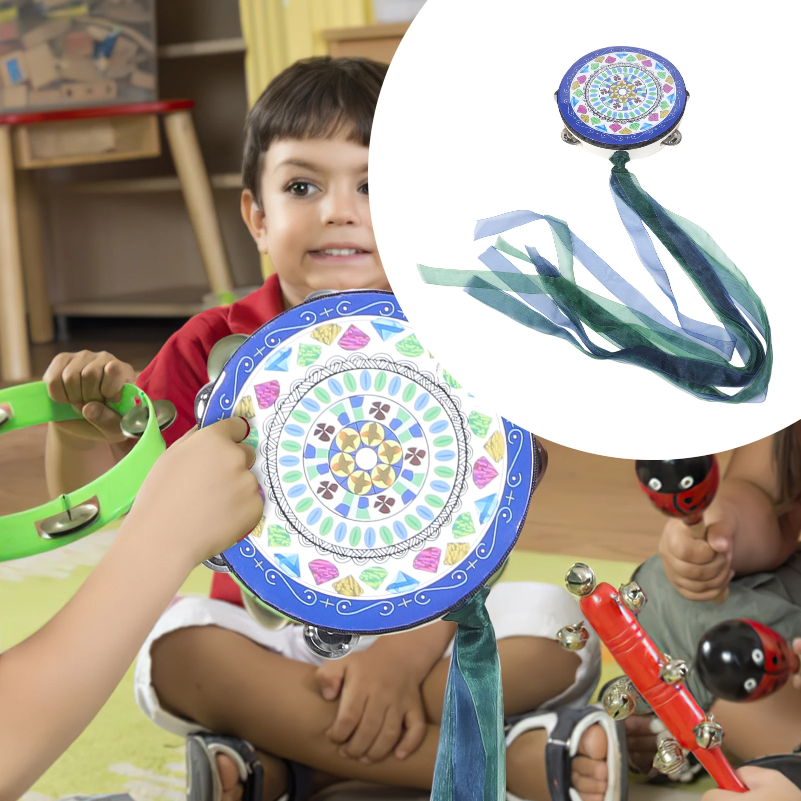 

Tambourine Drum Handheld Metal Jingles Wood Body Ribbons Chinese Style Hanfu Performance Party Kids Dance Percussion Instrument
