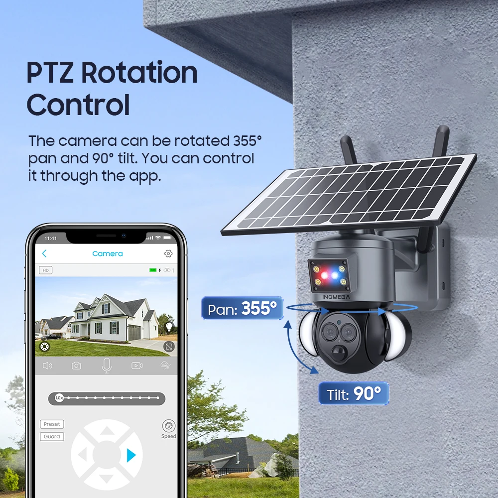 Imagem -05 - Inqmega 6mp Wifi Câmera Ptz 4g Lente Dupla Externa Pir Inteligente ai Rastreamento Automático Câmera ip Cctv Câmera Solar ao ar Livre Alarme Vermelho Azul