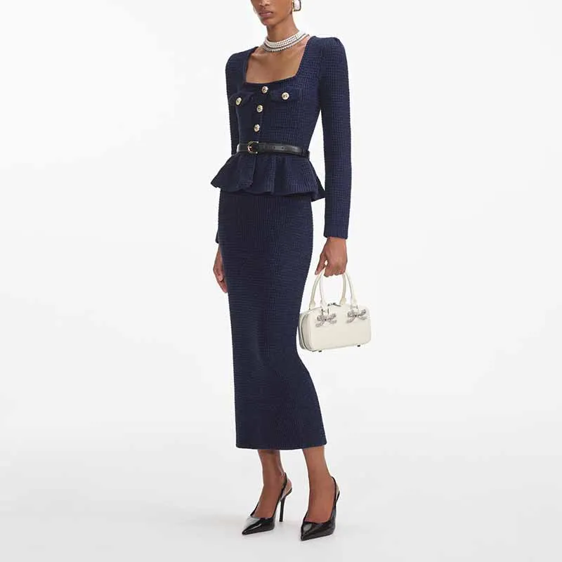 Setelan Dua Potong Wanita FW25, Kerah Kotak dengan Ruffle, Slim Fit, Pakaian Kantor Elegan