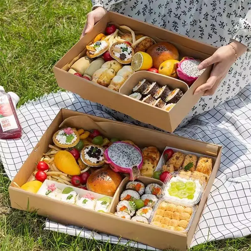 Picnic Kraft Paper Lunch Box Clear Windows Dessert Fruit Packing Food Container for Home Kitchen Restaurant Takeaway Party Event