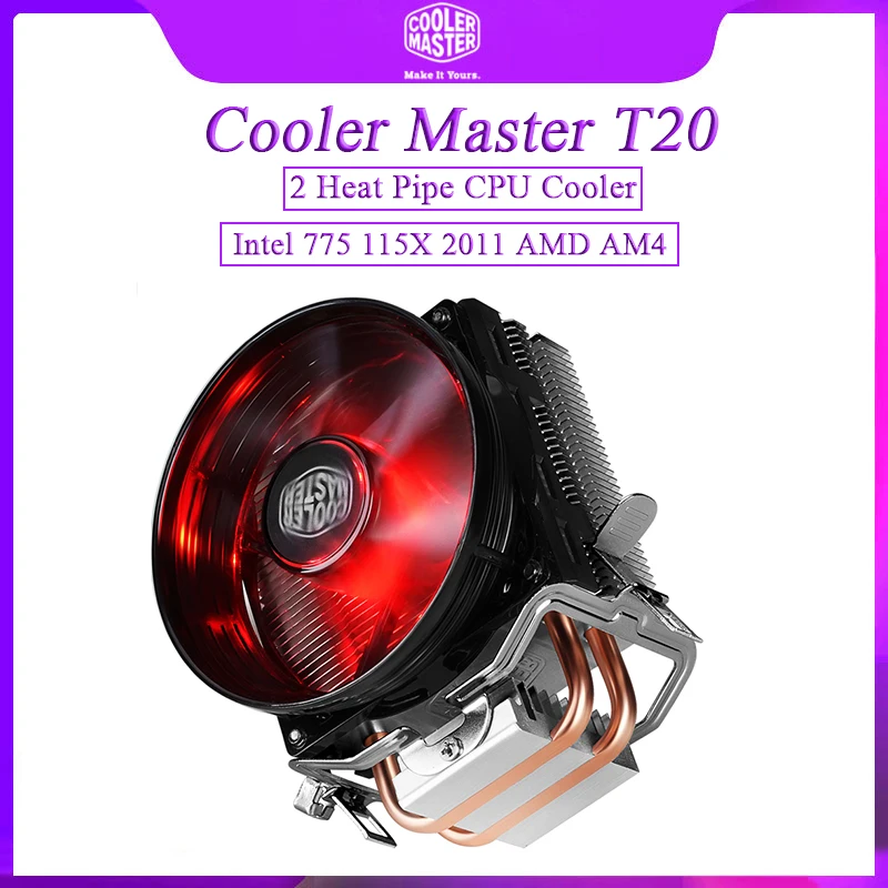 Cooler Master T20 CPU Radiator RR-T2V1-20FK 2 Heat Pipe CPU Cooler For Intel 775 115X 1700 AMD AM4 95.5mm Quiet Cooling LED Fan