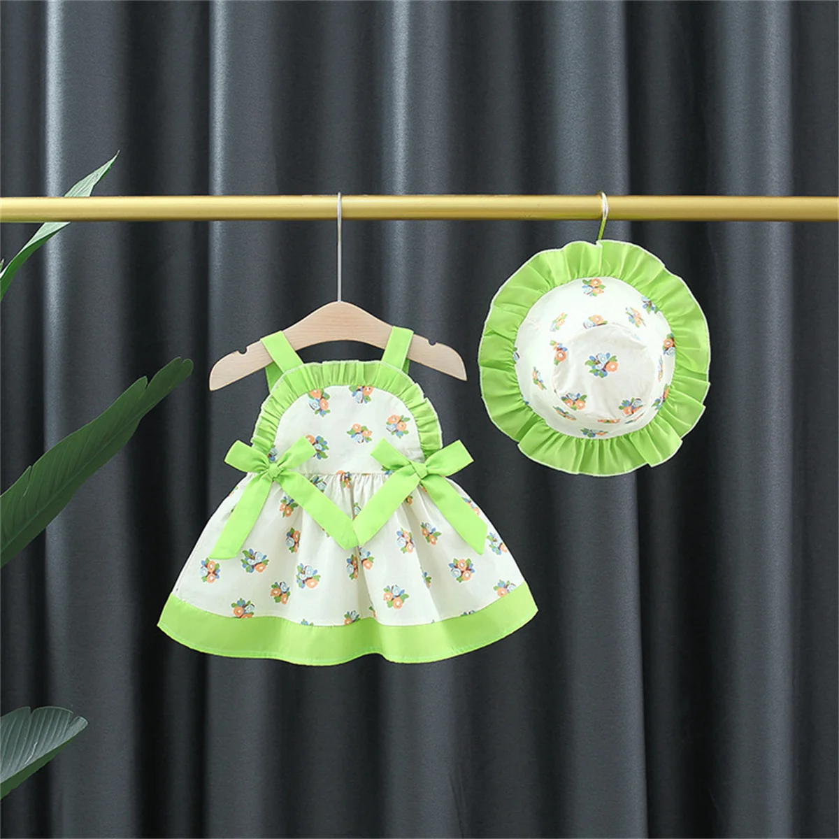 2-Piece Baby Princess Summer Dress+Lace Hat Baby Girl Lolita Bow Strap Flower Sweet Korean Version Skirt