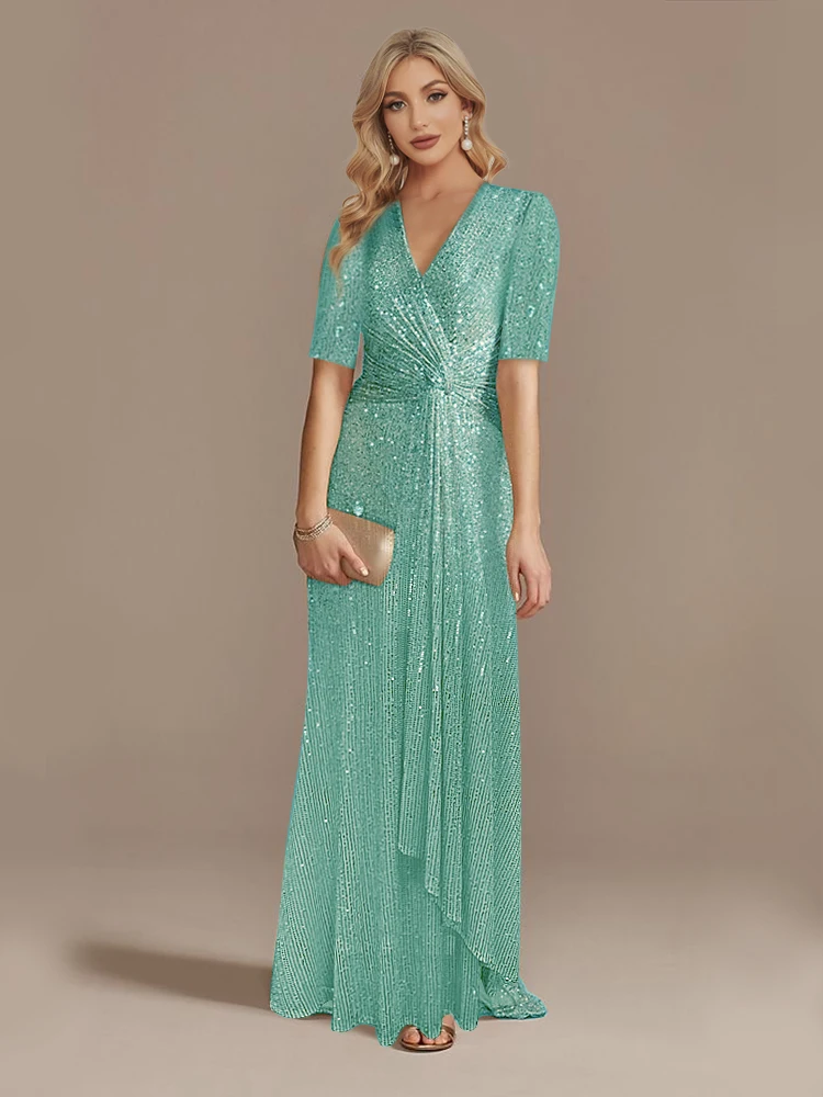 

Роскошные вечерние платья длиной до пола с v-образным вырезом, женские элегантные свадебные платья макси с блестками и короткими рукавами, коктейльные платья для выпускного вечера