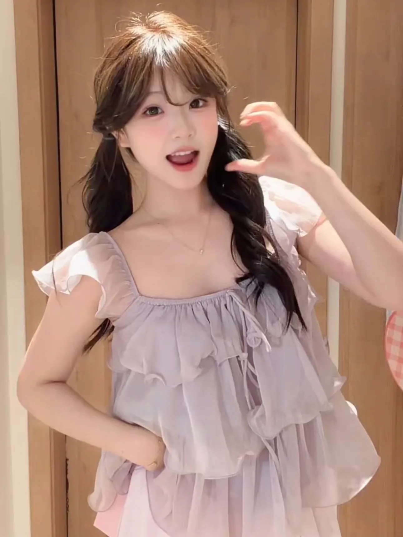 

Summer New Purple Lace Trimmed Chiffon Shirt Women's Gentle Design Sensation Small Audience Small Flying Sleeve Top