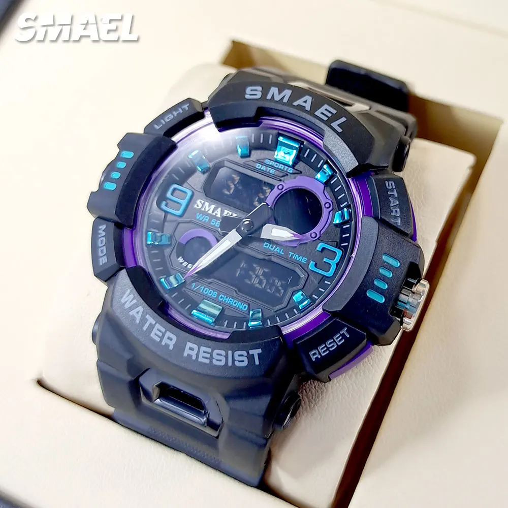 SMAEL Black Purple Digital Watches for Men Fashion Dual Time Display Chronograph Quartz Military Sport Wristwatch with Date 8063