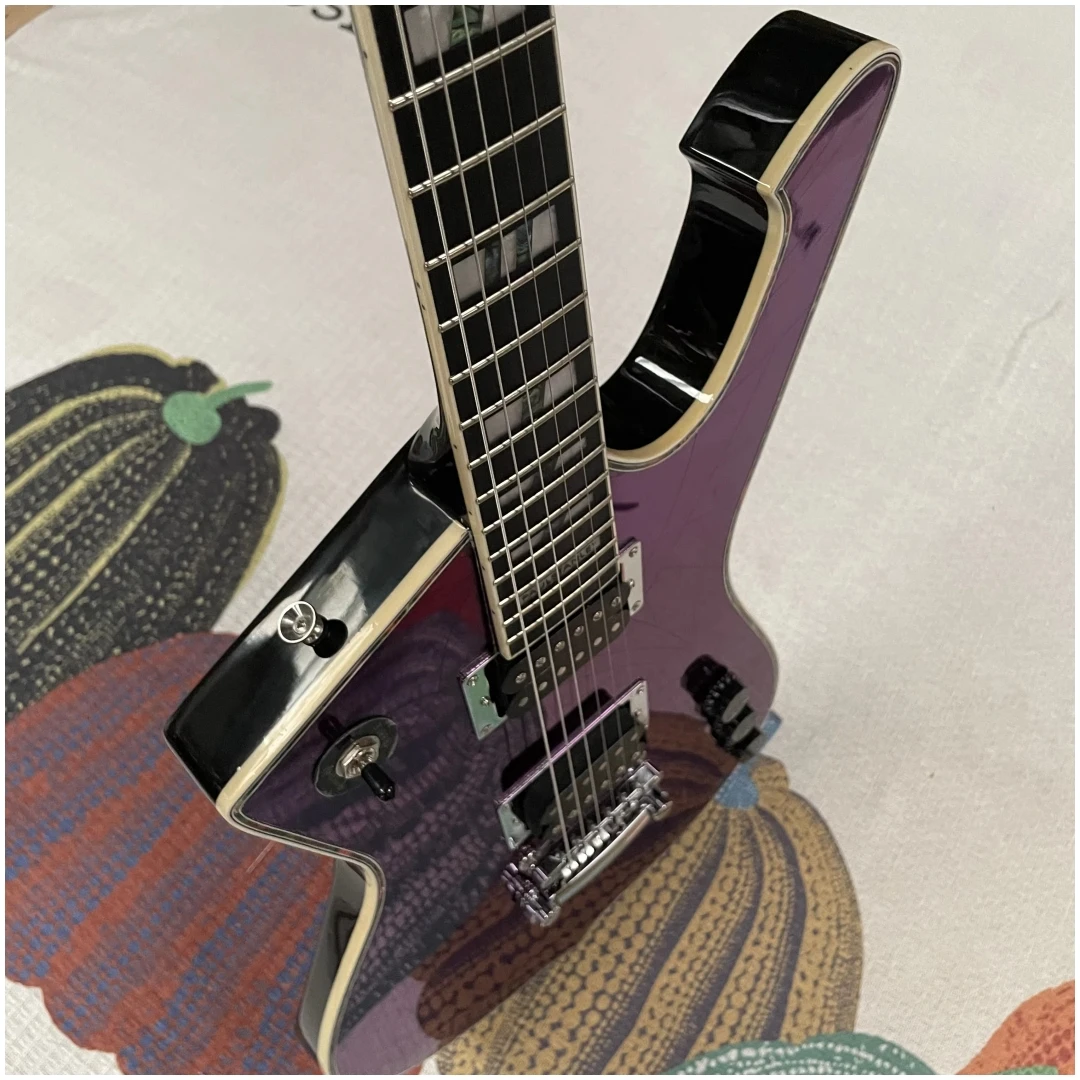 Purple Crack Mirror Finish Electric Guitar, Unique Ice Shape Solid Body Guitar with White Binding, HH Humbucker Pickups