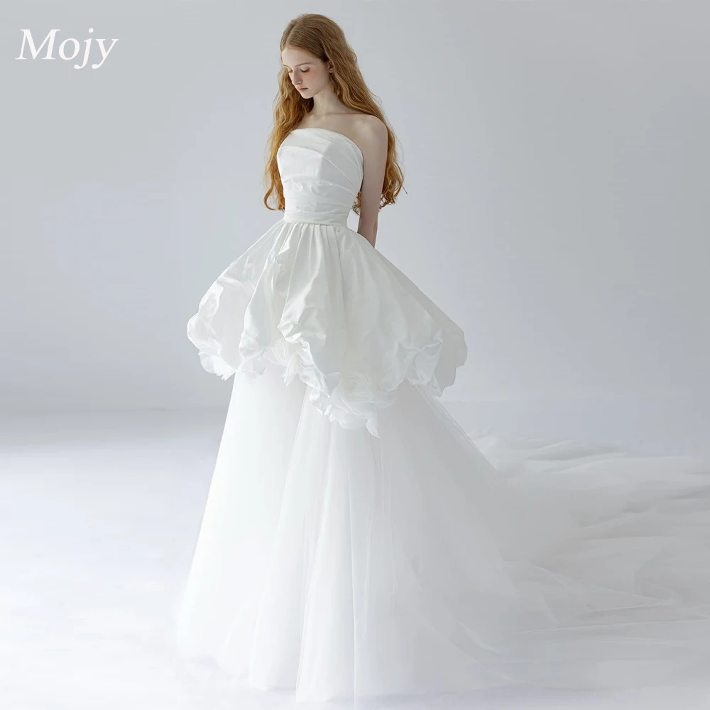 

Mojy Elegant White Two Layers Wedding Dress Strapless Draped Prom Gowns Korea Bridal Dress Photos Shoot Customized Sweep Train