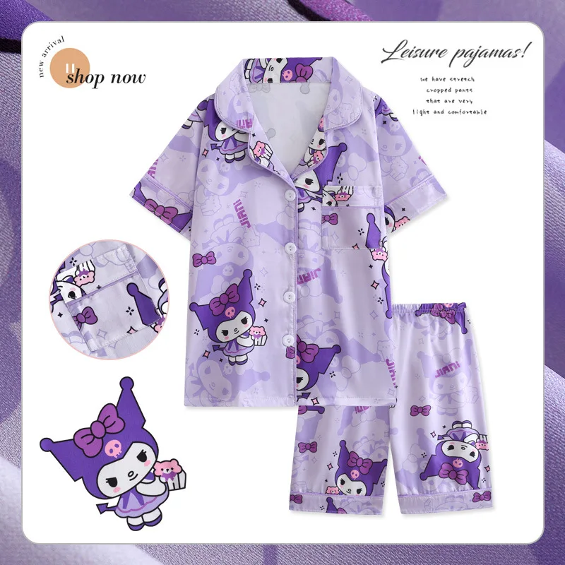 Pijamas Sanrioed Kuromi para niños y niñas, ropa de dormir de manga corta, pantalones cortos, Cinnamoroll, seda de hielo, dibujos animados, para el hogar, Verano