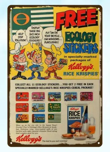 1973 Rice Krispies cereal ad ECOLOGY STICKERS SNAP CRACKLE AND POP metal tin