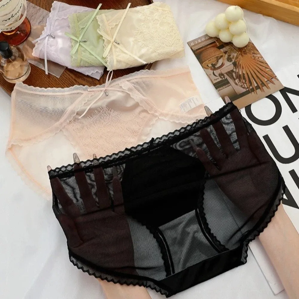 

Underpants Mid Waist Lace Briefs Transparent Mesh Women Underwear Elegant Thin Bow Lace Panties Girl