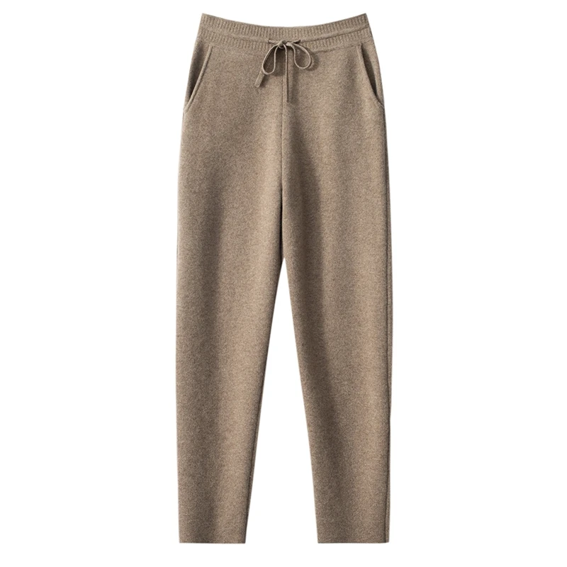 Pantalones gruesos de punto de Cachemira para mujer, pantalón suave y cómodo de cintura alta, Color liso, otoño e invierno, 2023, novedad de 100%