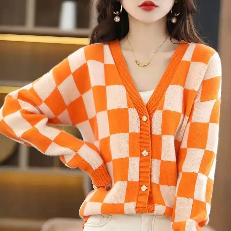 

Women's sweater Korean Fashion V-neck Knitted pullovers 2023 Spring Women's Clothing Plaid color Long sleeve Y2k Cardigan Jacket
