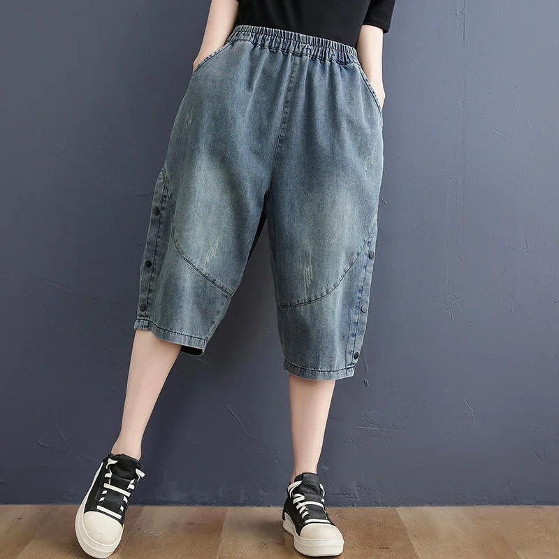 

#2215 Summer Wide Leg Jeans Women Calf-length Buttons Loose Harem Jeans Ladies Vintage High Waisted Jeans Female Denim Blue