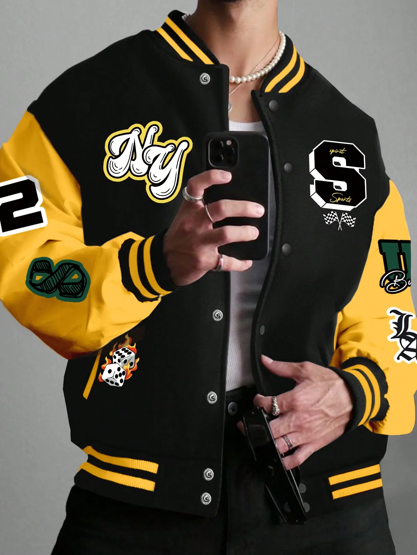 Men Slogan Graphic Two Tone Varsity Jacket， Letter Print Color-block Baseball Jacket，Baseball uniform