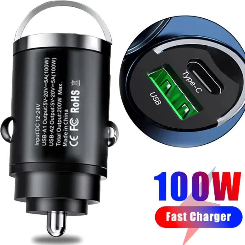 100W mini car charger, supporting fast charging, suitable for iPhone QC3.0, mini PD, USB Type-C, compatible with brands such as