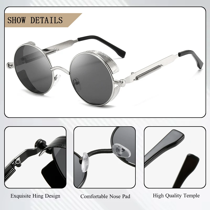 CRIXALIS Round Steampunk Sunglasses Men Trend Fashion Punk Sun Glasses Male Hip-hop Rock ​Anti-UV Shades Women Metal Goggles