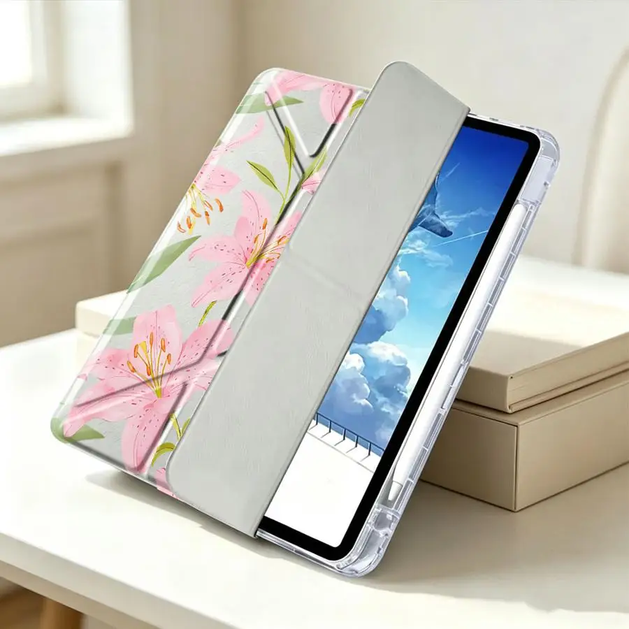 Soft Pink Lily Floral Tablet Case For Samsung Galaxy Tab A9 Plus S10 Lite A11 A8 S8 S9 Plus S7 FE With Pen Slot Cover