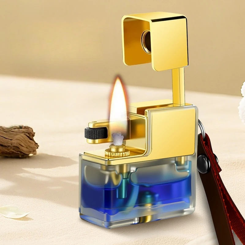 New Mini Small Square Transparent Oil Tank Kerosine Lighter Fashionable Retro Keychain Pendant Gift Lighters Smoking Men's Gifts