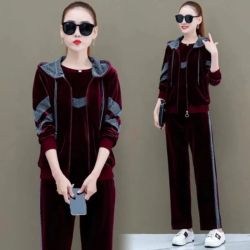 

Casual Velvet 3 Piece Set Patchwork Zipper Hooded Tracksuit Ankle Length wide leg Pant Suits Sweatsuit Women Spring Loose B608