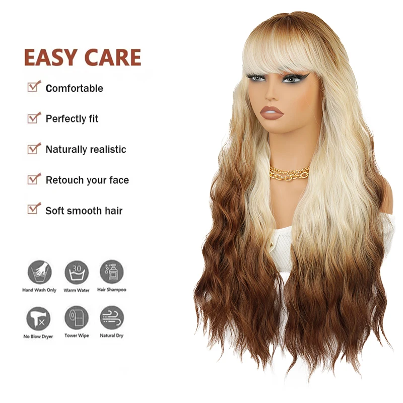 Ombre Brown Blonde 26Inch Long Wavy Curly Wig with Bangs Heat Resistant Synthetic Natural Looking Wig For Women Daily Wear Party