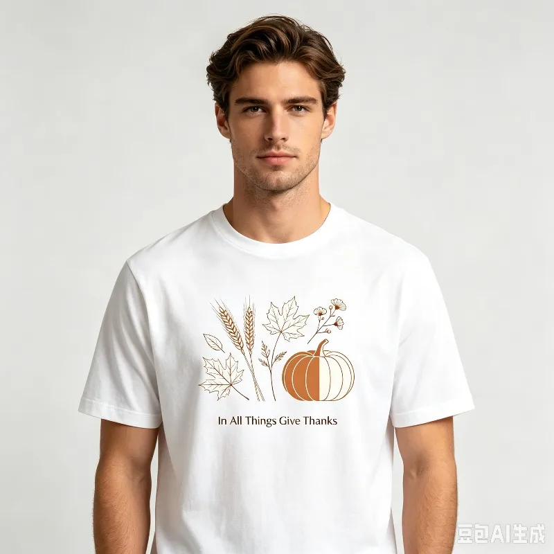 “In All Things Give Thanks” Pumpkin Maple Leaf Wheat Graphic T-Shirt Men’s Soft Modal Crewneck Tee Casual Top