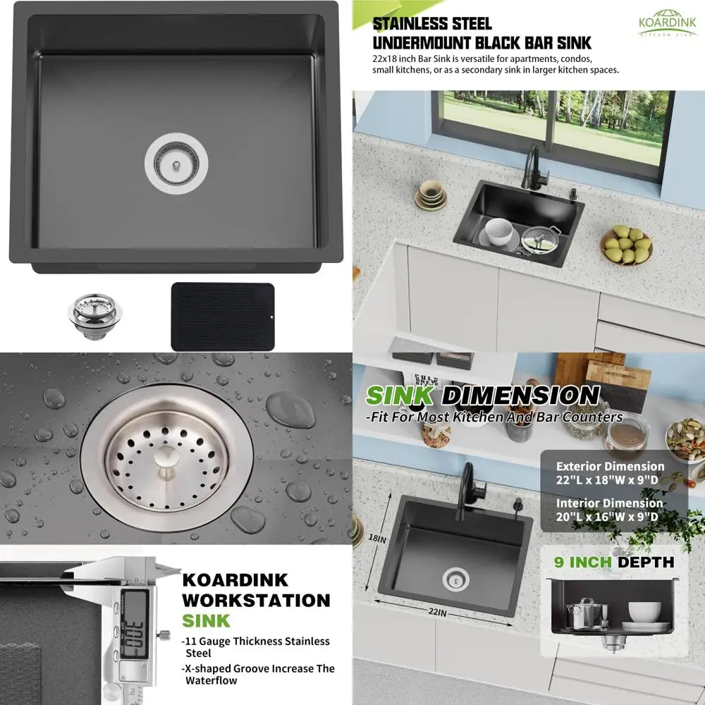 

Stainless Steel Undermount Single Bowl Kitchen Sink - Modern Drop-In Bar Sink with Silicone Strainer for Contemporary Design