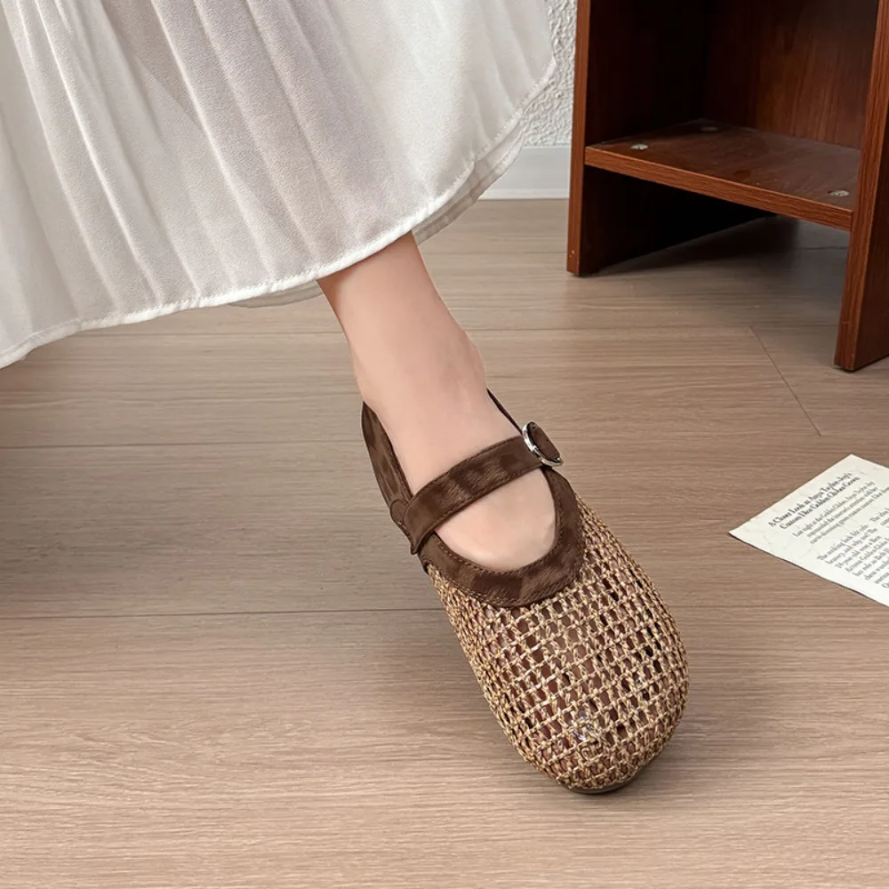 Women's Hollow Woven Mary Jane Shoes,One-Strap Buckle Flat Pumps, Breathable Soft Sole Summer Shoes,Wide Feet Friendly Slip-Ons