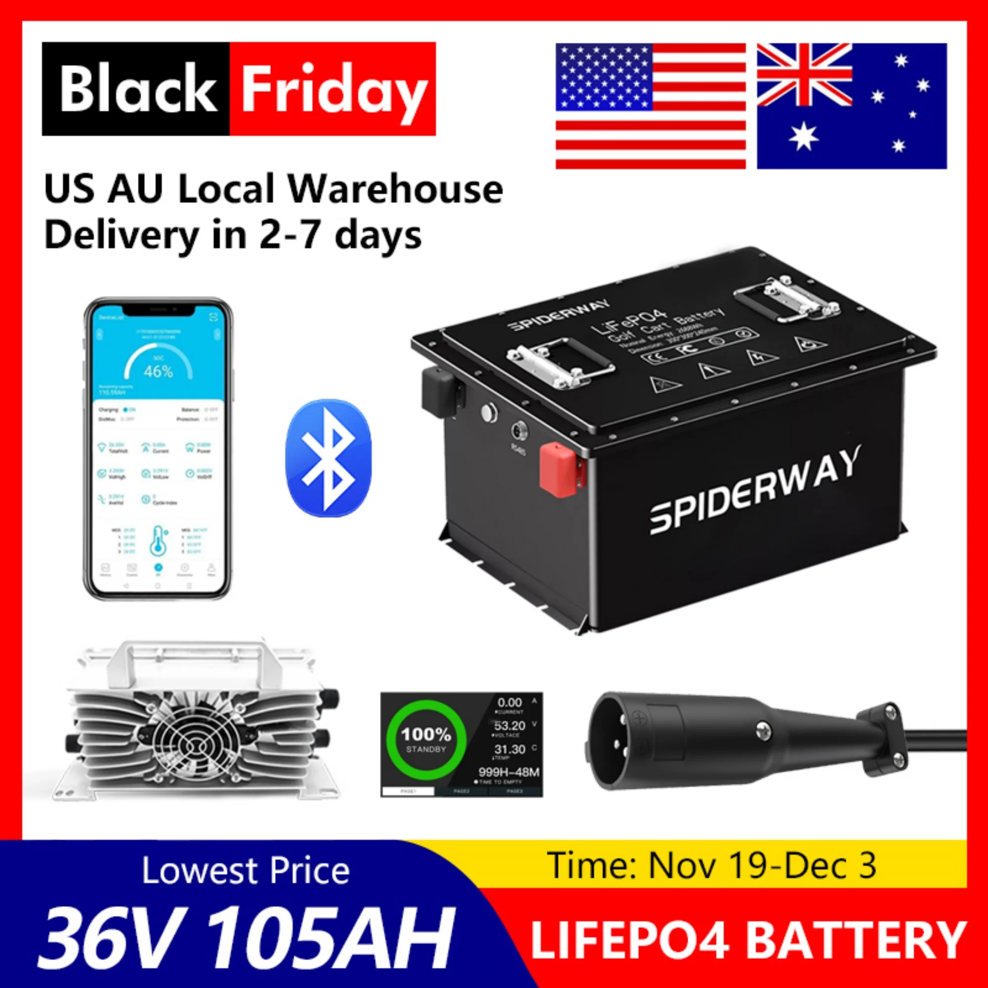 

Литиевая батарея LiFePO4 для гольф-кара 36 В, 105 Ач с ЖК-экраном, встроенным интеллектуальным BMS, с быстрым зарядным устройством 36 В, 25 А для клубного автомобиля DS