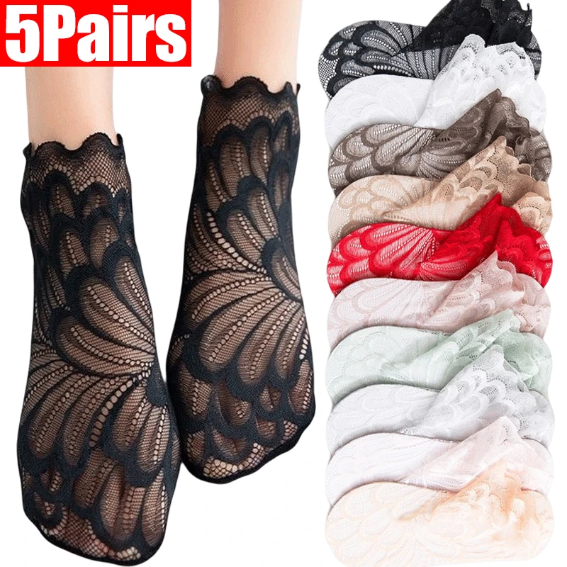 

1/5Pairs Lace Flower Mesh Socks Women Non-slip Invisible Liner Sock Thin Transparent Breathable Female Elastic Comfy Ankle Socks