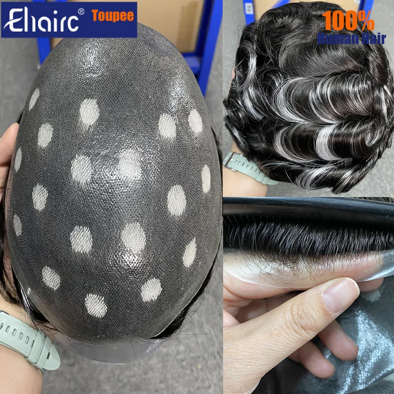 

0.06mm-0.08mm Highlighted Microskin Knotted Men's Capillary Prothesis 100% Human Hair Man Wig Natural Hairline Toupee Men Wigs