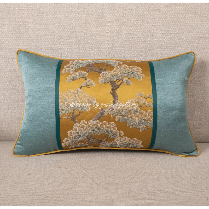 GUVINCI Japanese Art Pine Tree Pattern Jacquard Throw Pillowcase Luxury Gold Silk Satin Accent Cushion Cover For Patio Courtyard