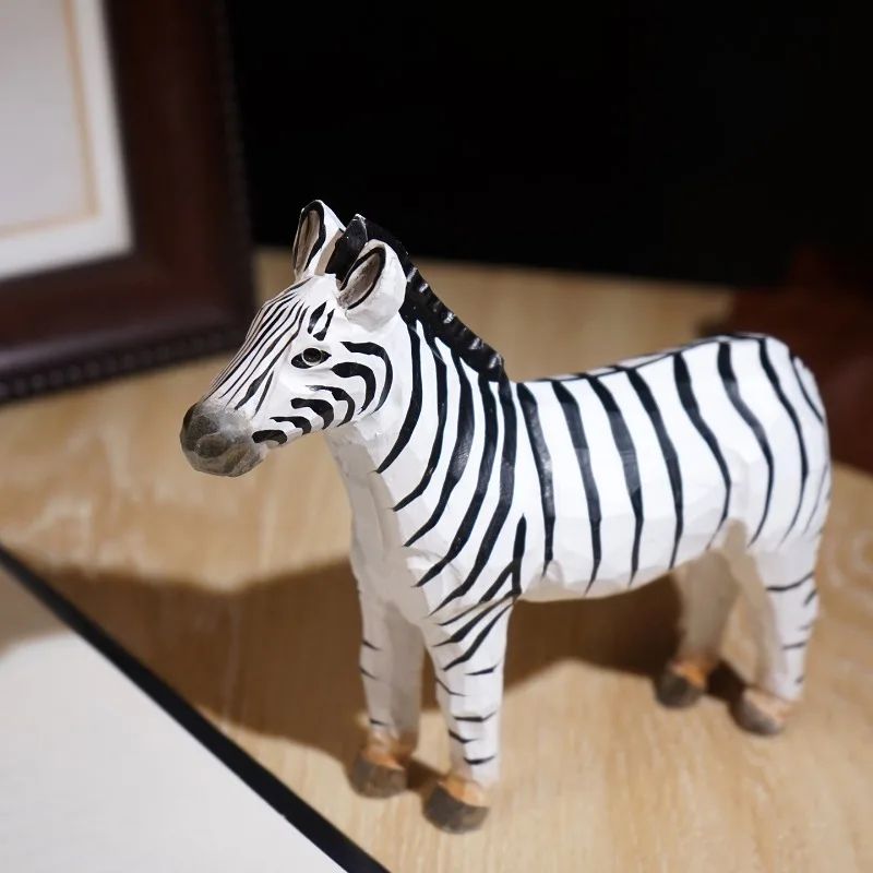 1PC Zebra Hand Carved Wood Sculpture Equine Figurine Office Workspace TV Console Table Decoration Wooden Home Decor Perfect Gift