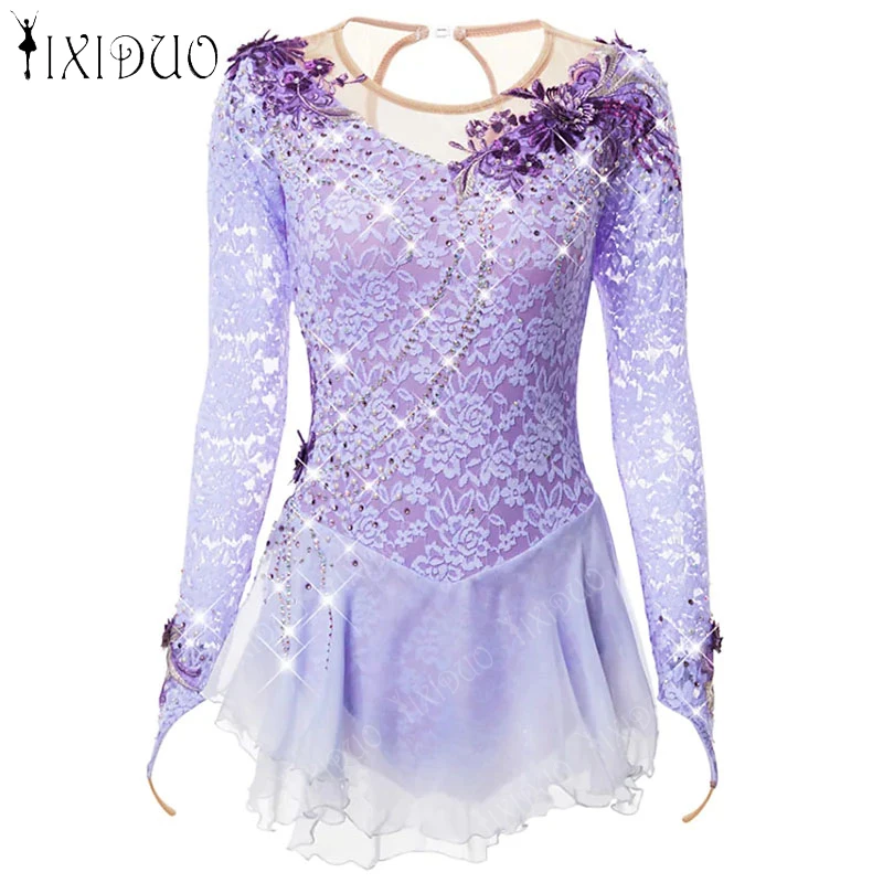 Rhinestone Ballet Gymnastics Leotard Dress Kids Girls Long Sleeve Mesh Splice Figure Ice Skating Dress Performance Dance Costume