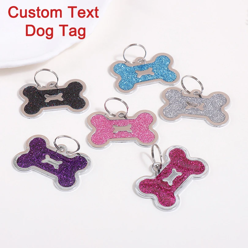 Custom Text Glitter Dog Tag Customized Name Pets Tag Bone Shape Laser Engraving Alloy Collar Pendant Personalized Name Dog Tags