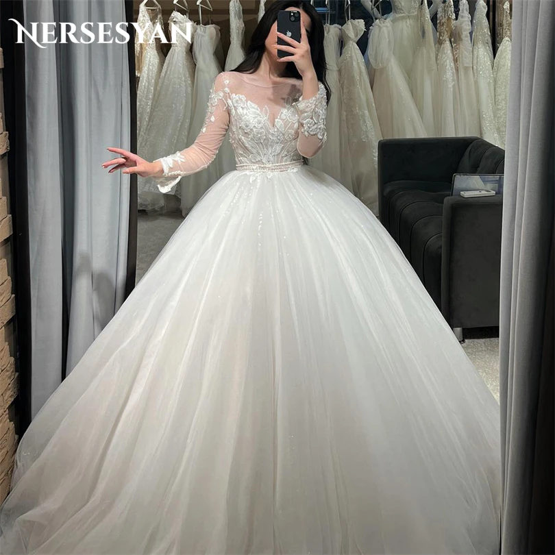 Nersesyan Bohemia Appliques Tulle Formal Bridal Gowns A Line Draped Wedding Dresses Long Sleeves Pleated 2023 Vestidos De Novia