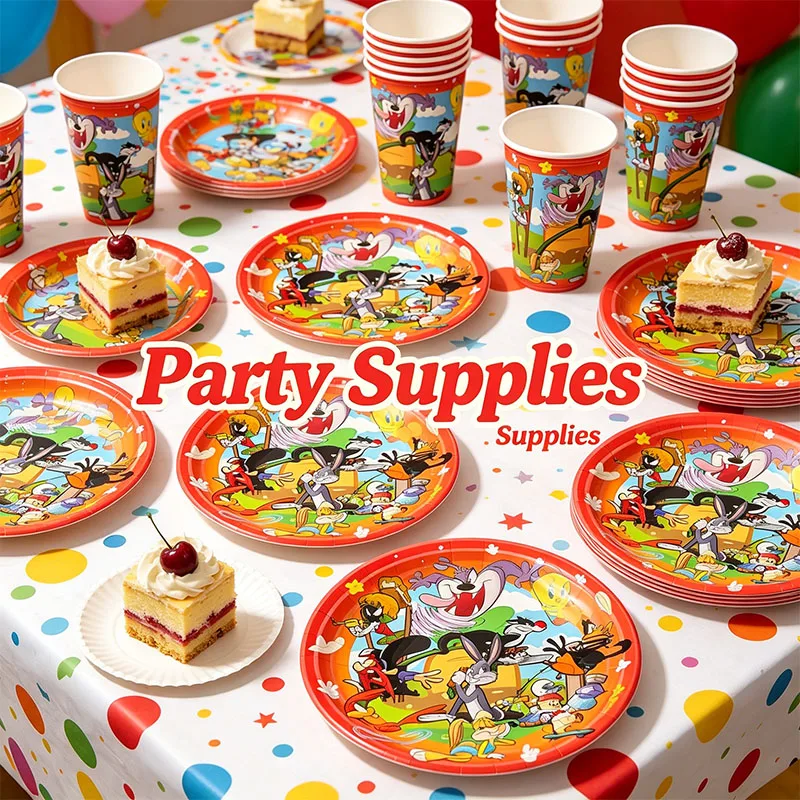 Warner Bros. Anime Looney Tunes - Juego de Platos y Vasos de Papel Temáticos para Decoración de Fiestas de Cumpleaños, Suministros y Regalos