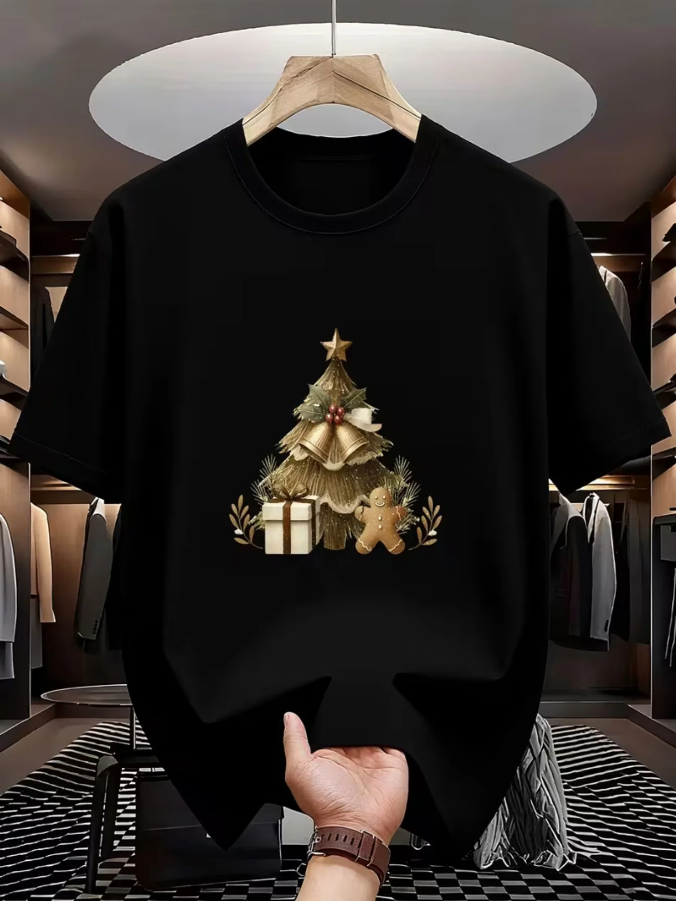 Men's Short Sleeve T-Shirt, Christmas Tree & Gingerbread Man Print, Crew Neck, Festive Xmas Top, Warm Vibe Casual Versatile Tee