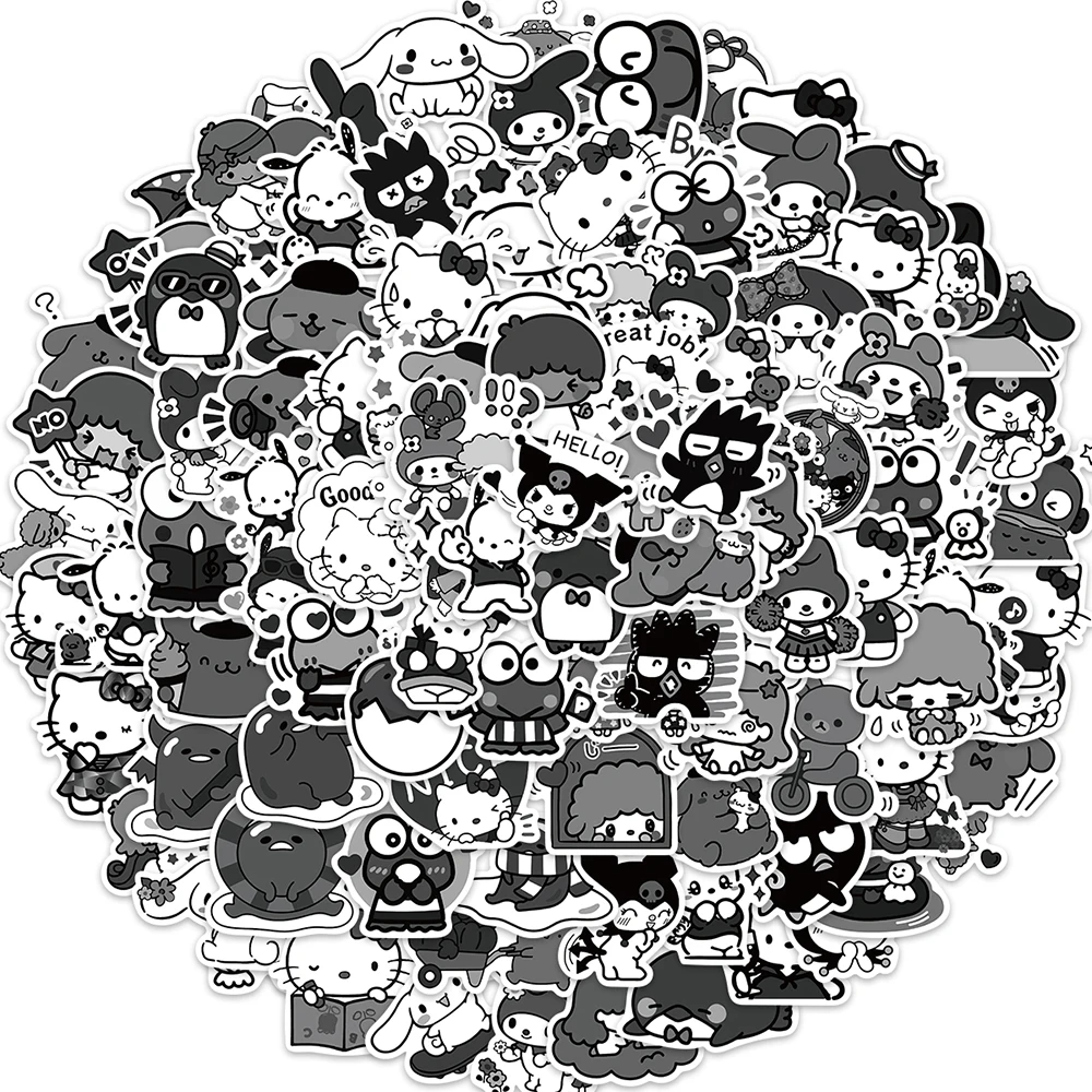 10/30/50/100pcs Black and White Sanrio Cartoon Stickers Hello Kitty Kuromi My Melody Decals Kawaii Anime Sticker for Kids Toys