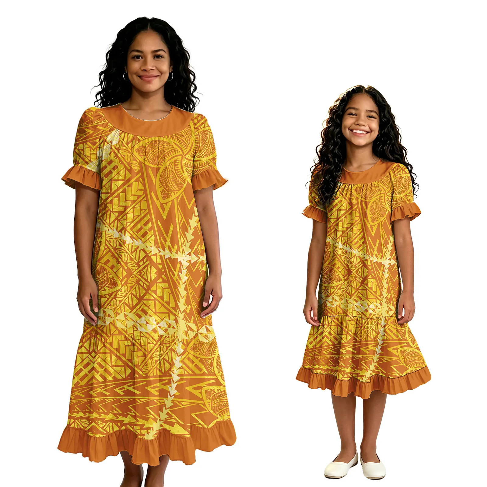 Polynesian Island Mother and Children Fiji Tapa Tribal Design Ladies Girls Clothes Custom Ruffles Samoan Dresses for Women Kids