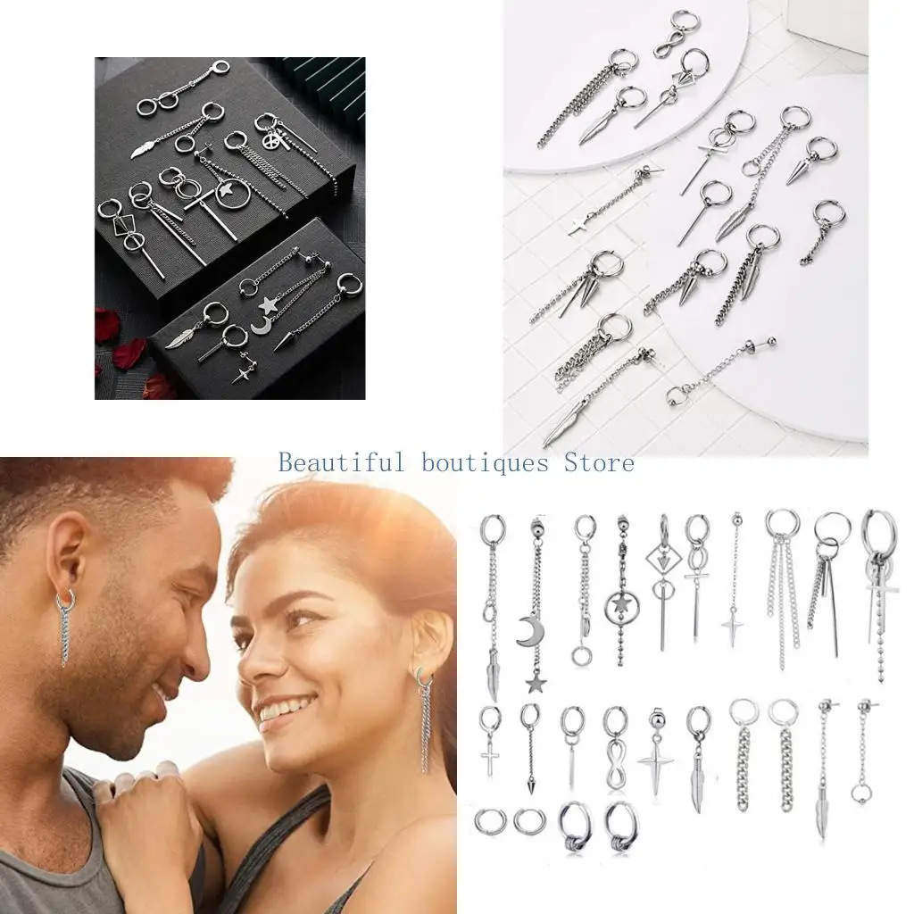 

U4LF 24 Pieces Cool Stainless Steel Huggie Hoop Earrings Hinged Feather Dangle Earrings for Women Men Fashion Jewelry Charms