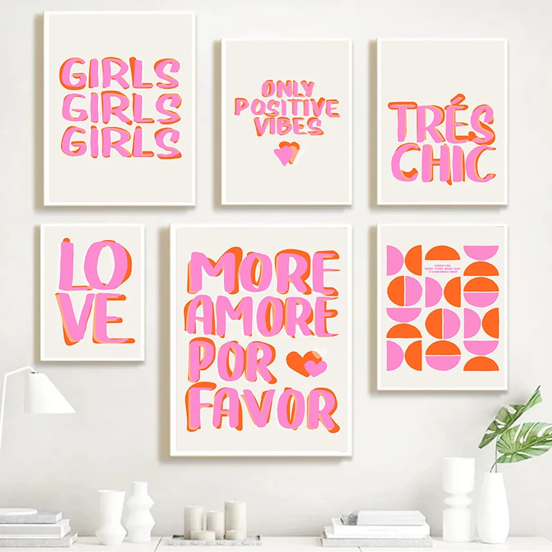 Nordic Only Positive Vibes Girls Pink Inspirational Quote Posters Prints Canvas Painting Abstract Wall Art For Room Home deco