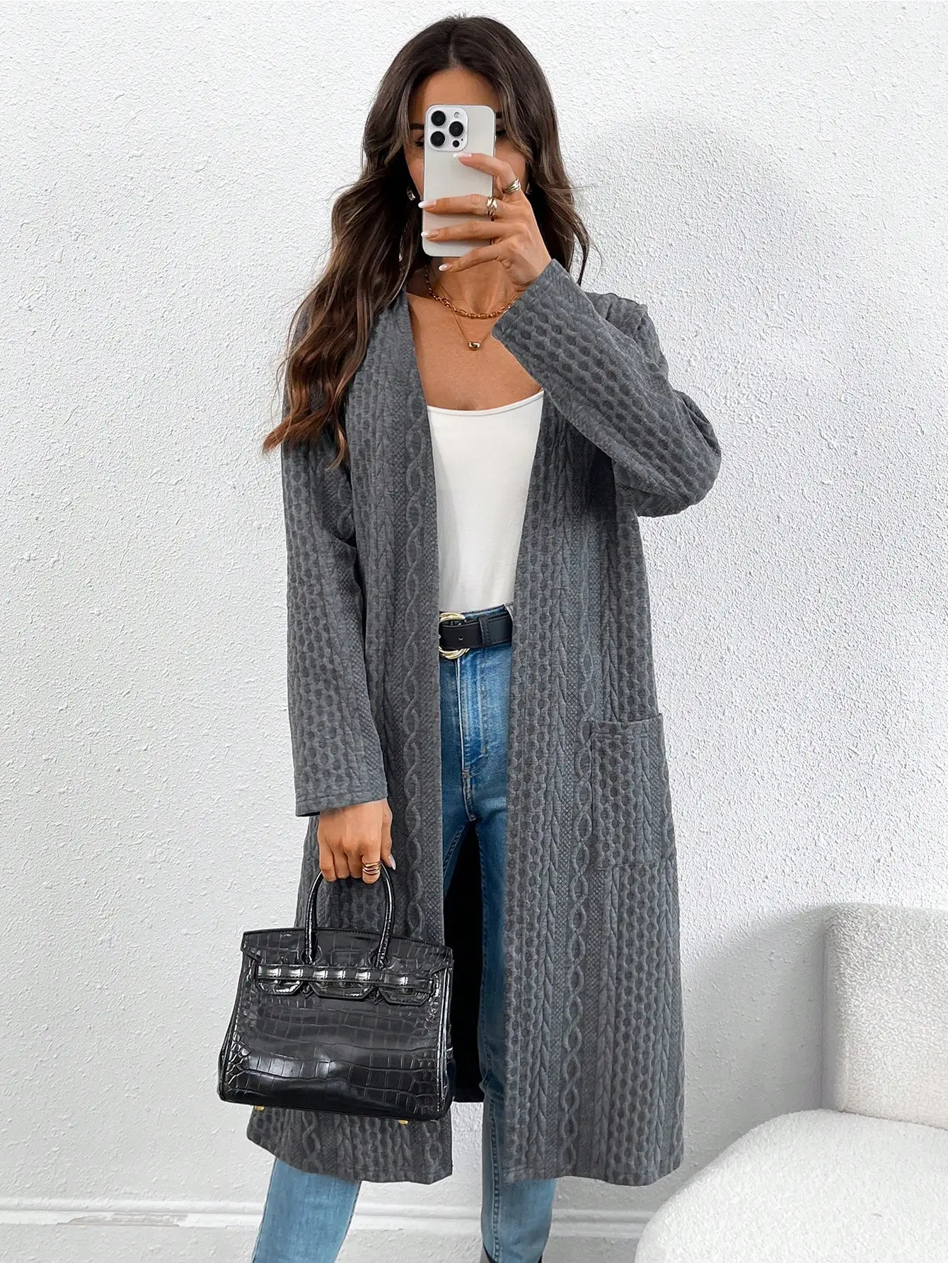 Women's Fashionable & Casual Retro-Style Jacquard Long Cardigan with Pockets view 2