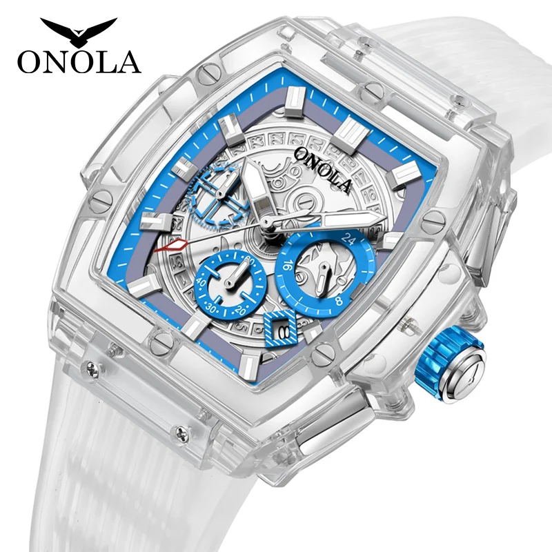 Plástico transparente à prova dwaterproof água relógio de luxo masculino e feminino marca onola faionsh quartzo silicone relógios masculinos relojes para hombre