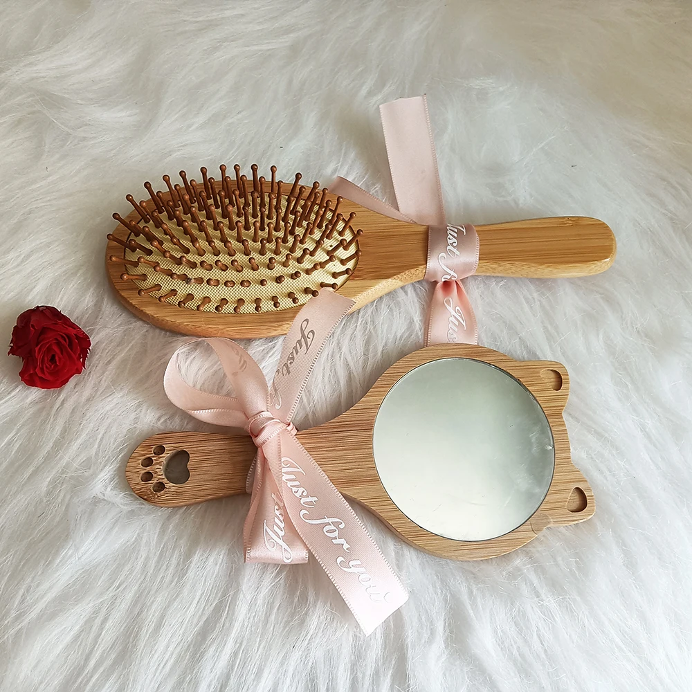 Custom Name Bamboo Airbag Massage Comb Mirror Set,Wedding Bride Bridesmaid Gift, Teachers Day,Christmas Creative Gift, 3 Piece