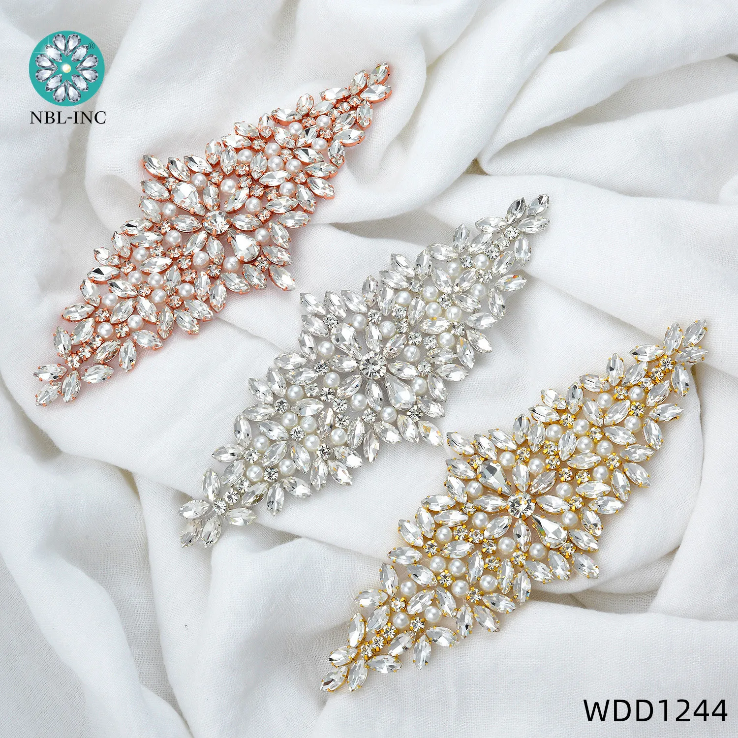 (1PC)Silver crystal rhinestone applique patch pearl belt gold beaded iron on hot fix for wedding dresses clothing sewing WDD0633