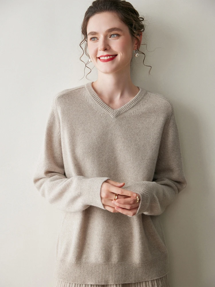 

Women New 100% Cashmere Pullover Sweater Autumn Winter V-neck Soild Versatile Soft Comfort Thick Warm Knit Basic Long Sleeve Top