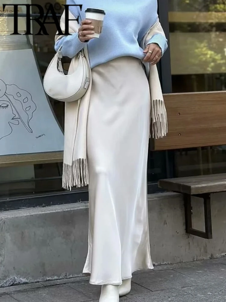 TRAF ROBE Y2K Shine Satin Office Skirt Candy Color Women 2025 Spring Elastic High Waisted Long Skirt A Line Maxi Skirt  Beige