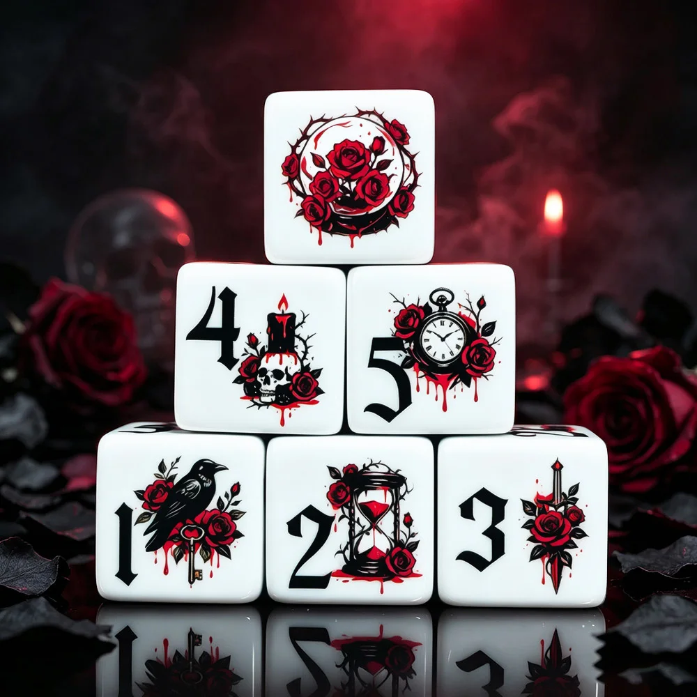 12Pcs Gothic Rose 16MM Printed D6 Acrylic Dice, White Six Sided Dice With Blood Rose, Raven, Skull Pattern, Tabletop Board Game